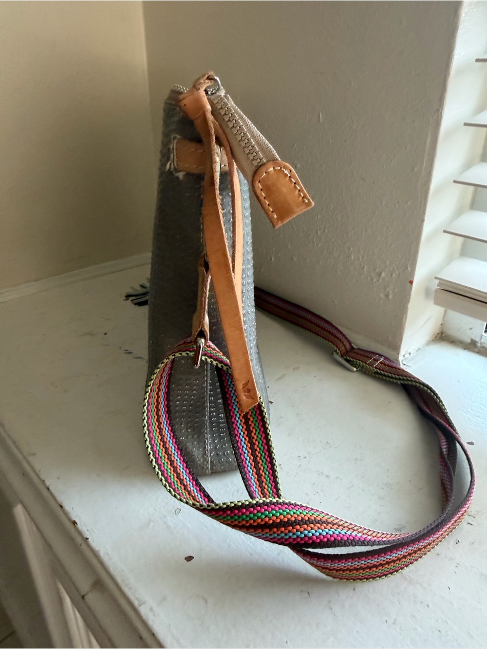 Taupe Leather Crossbody Bag with Colorful Woven Strap - Picture 11 of 13